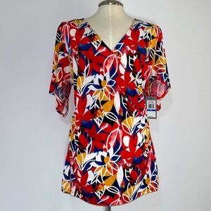 Chause V-Neck Short Sleeve Floral Leaf Print Tunic Blouse Size XL